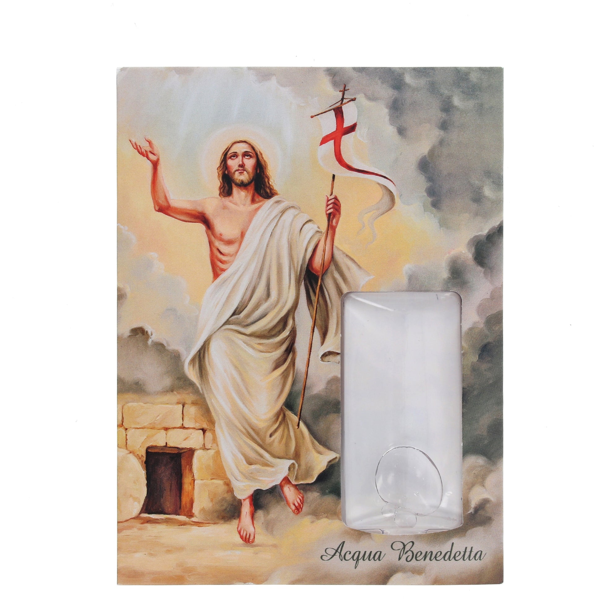 Confezione con acqua benedetta 'Risorto'. Dimensioni 8,5x12 cm