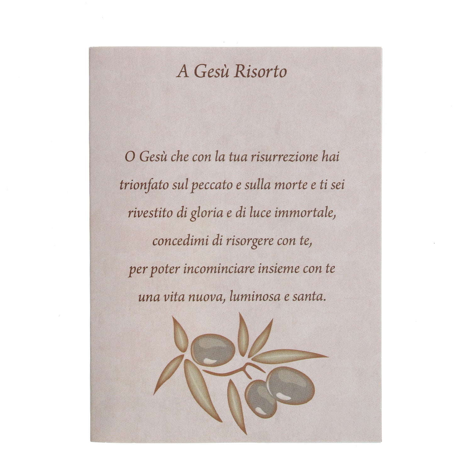 Confezione con acqua benedetta Risorto stilizzato. Dimensioni 8,5x12 cm