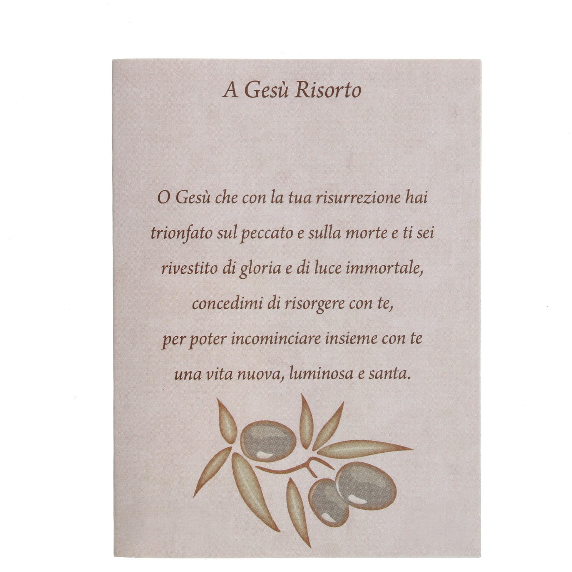 Confezione con acqua benedetta Risorto stilizzato. Dimensioni 8,5x12 cm