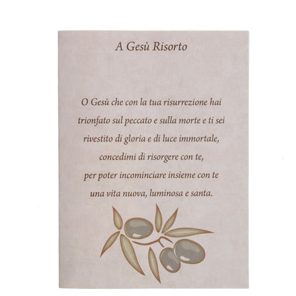 Confezione con acqua benedetta Risorto stilizzato. Dimensioni 8,5x12 cm