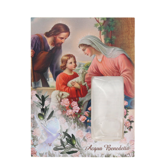 Confezione con acqua benedetta Sacra Famiglia con Benedizione della Tavola. Dimensioni 8,5x12 cm