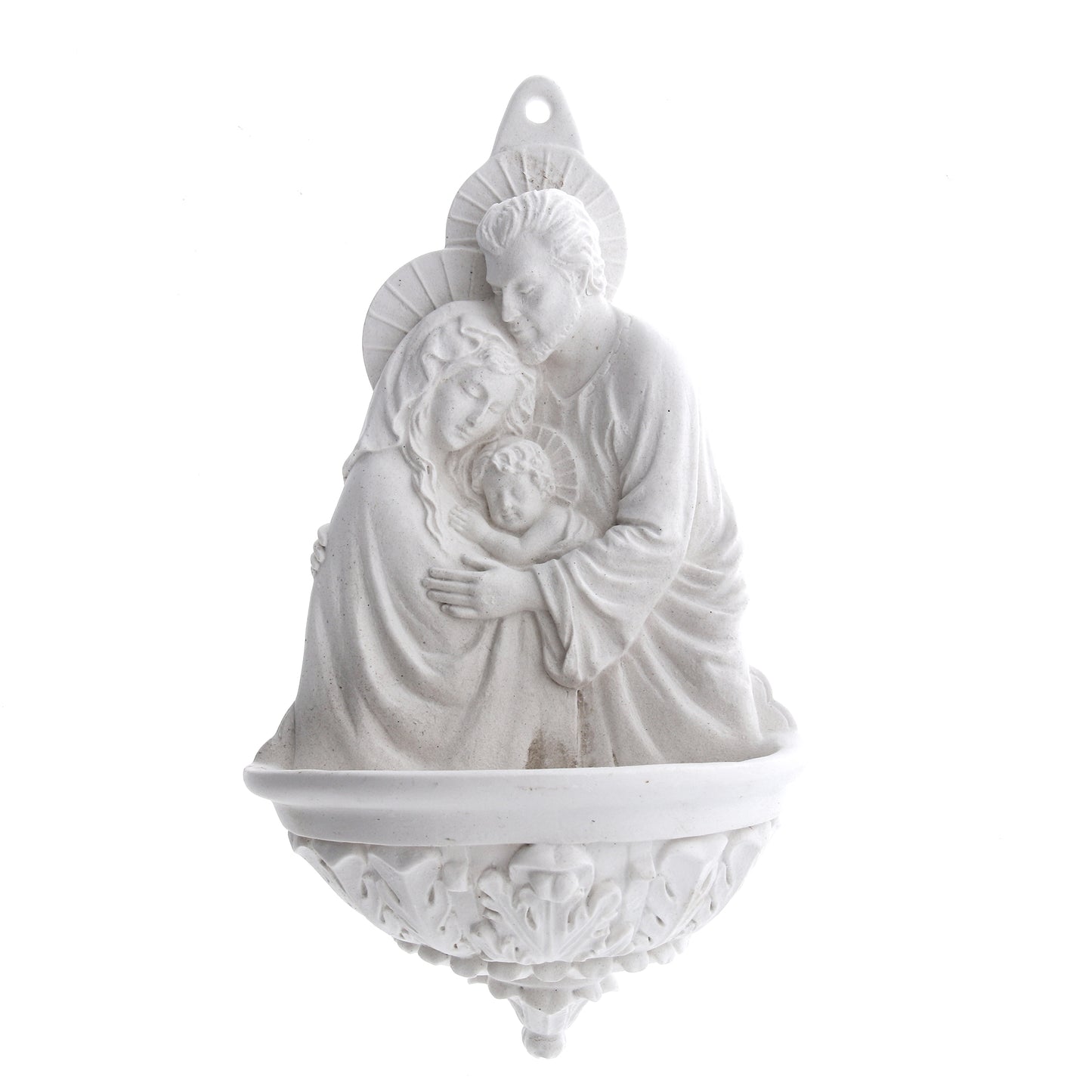 Acquasantiera Abbraccio Sacra Famiglia in resina bianca. Altezza 21 cm
