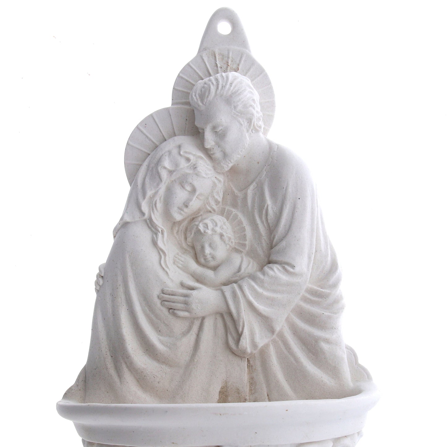 Acquasantiera Abbraccio Sacra Famiglia in resina bianca. Altezza 21 cm