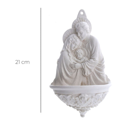 Acquasantiera Abbraccio Sacra Famiglia in resina bianca. Altezza 21 cm