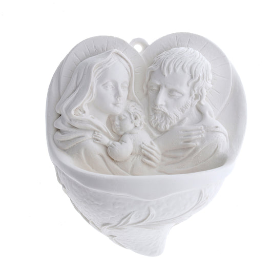Acquasantiera Cuore Sacra Famiglia in resina bianca. Altezza 12 cm