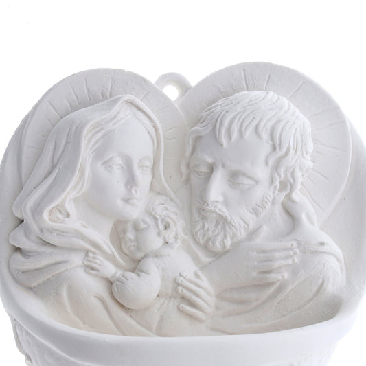 Acquasantiera Cuore Sacra Famiglia in resina bianca. Altezza 12 cm