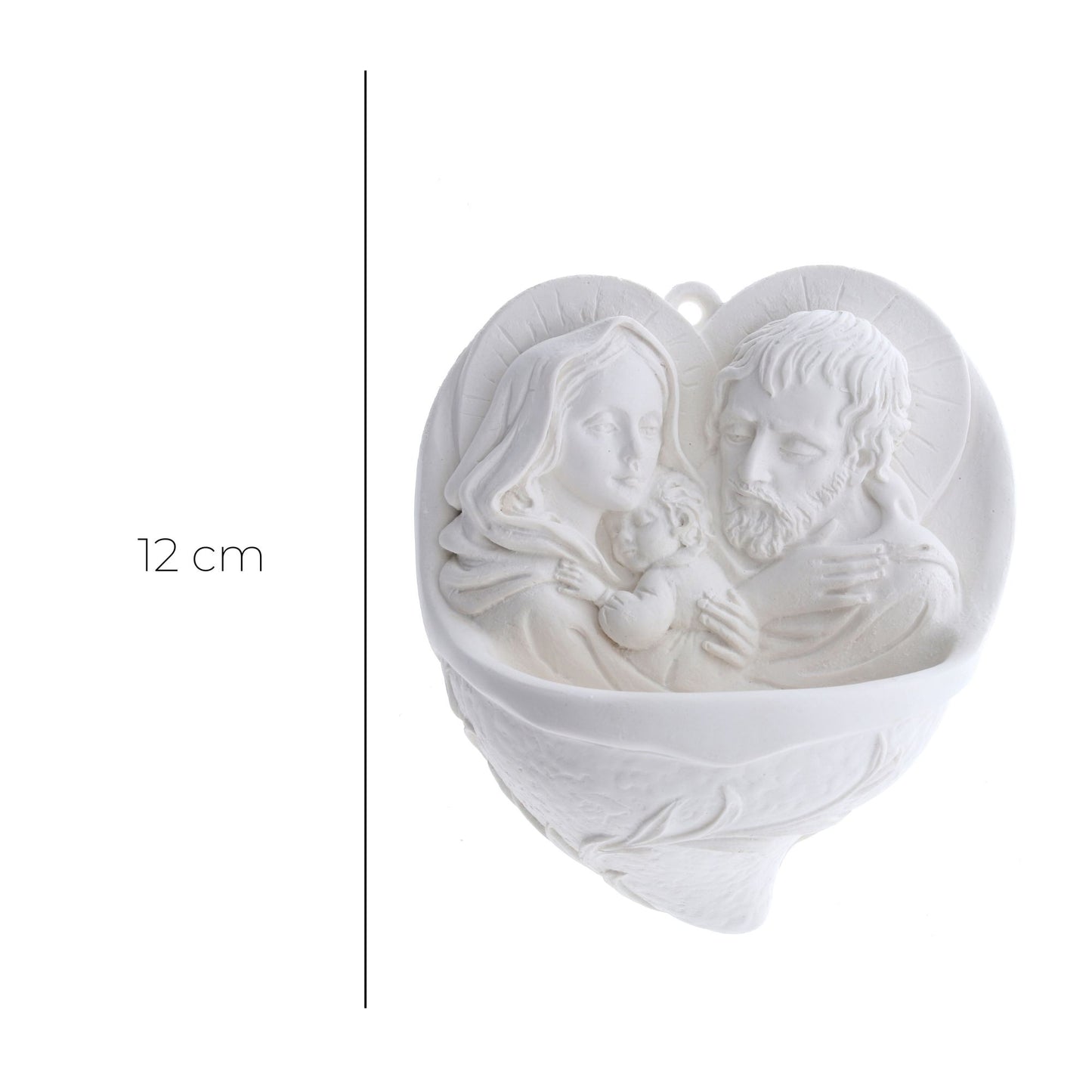 Acquasantiera Cuore Sacra Famiglia in resina bianca. Altezza 12 cm