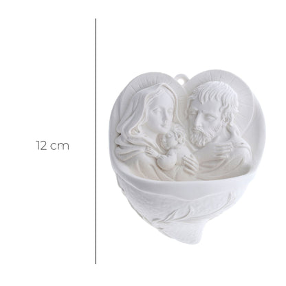 Acquasantiera Cuore Sacra Famiglia in resina bianca. Altezza 12 cm