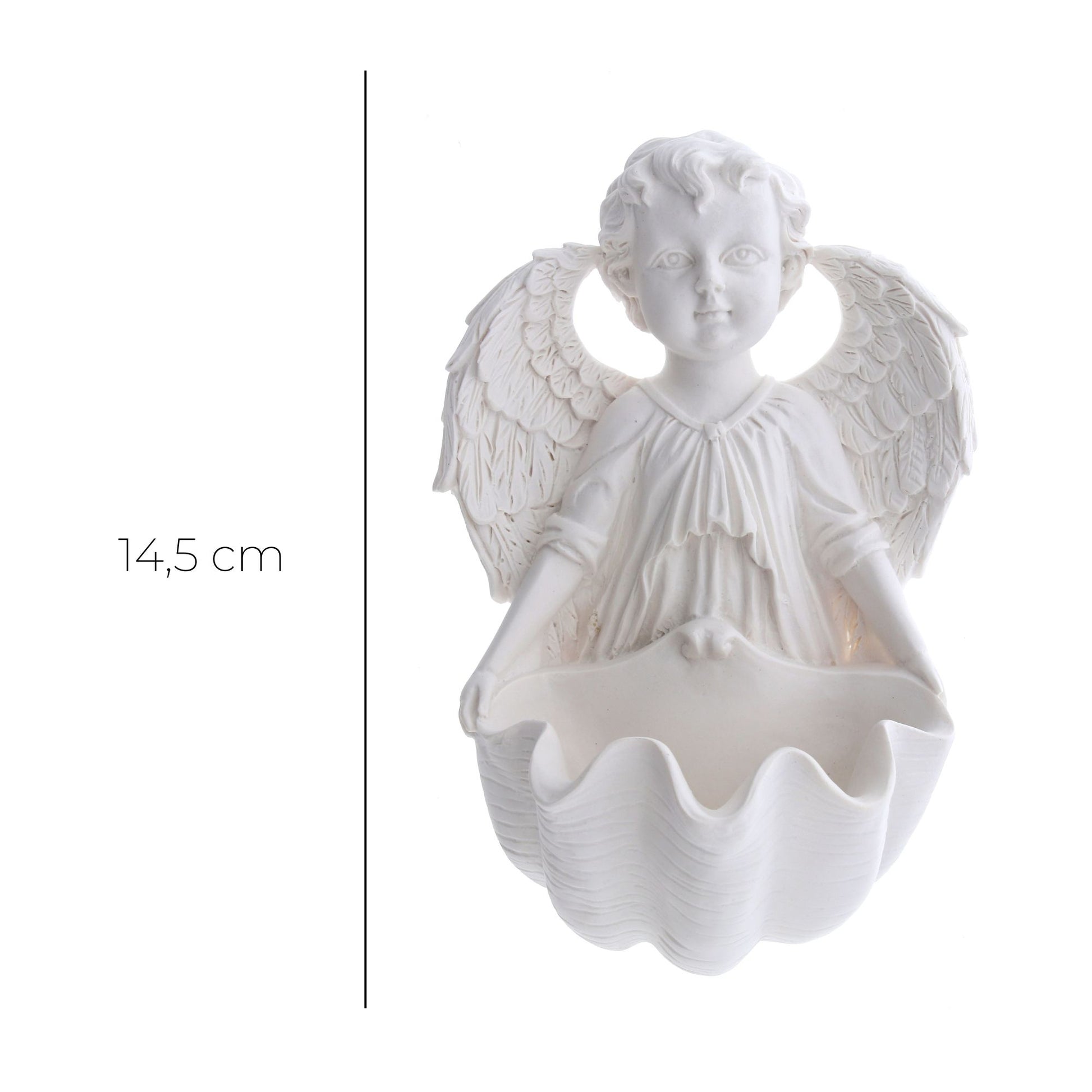 Acquasantiera Angelo in resina bianca. Altezza 14,5 cm