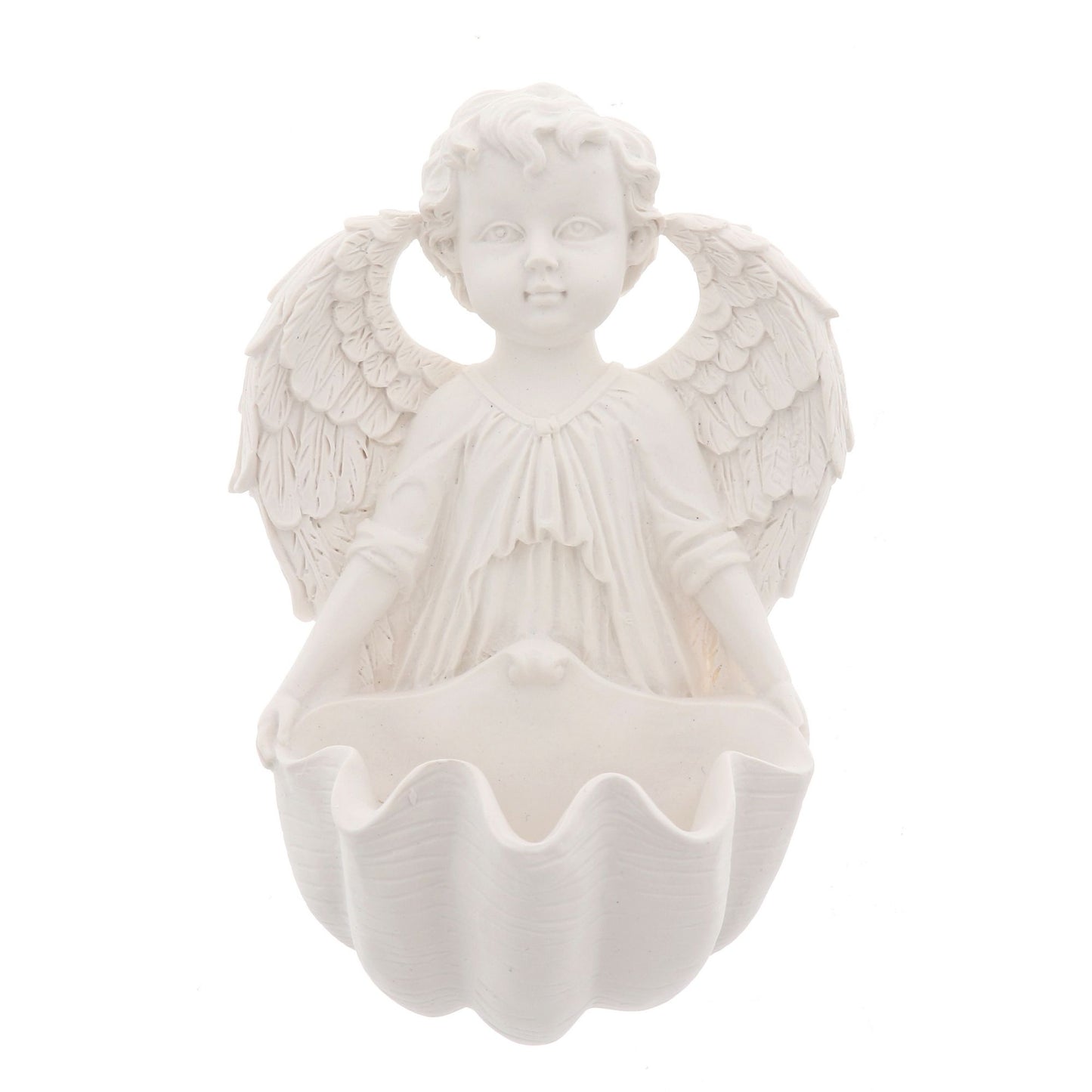 Acquasantiera Angelo in resina bianca. Altezza 14,5 cm
