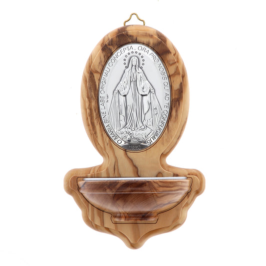Acquasantiera in legno d' ulivo Miracolosa. Altezza 15,5 cm