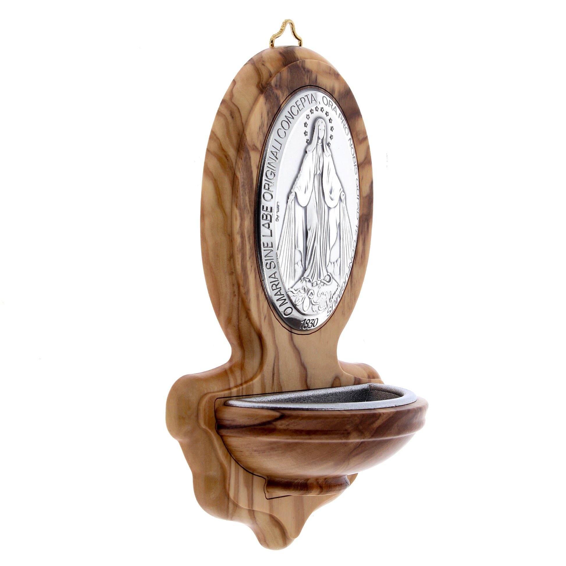 Acquasantiera in legno d' ulivo Miracolosa. Altezza 15,5 cm
