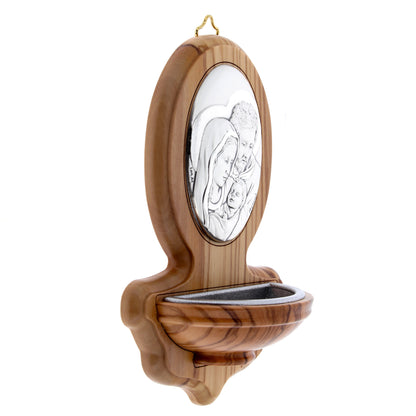 Acquasantiera in legno d'ulivo Sacra Famiglia. Altezza 15,5 cm