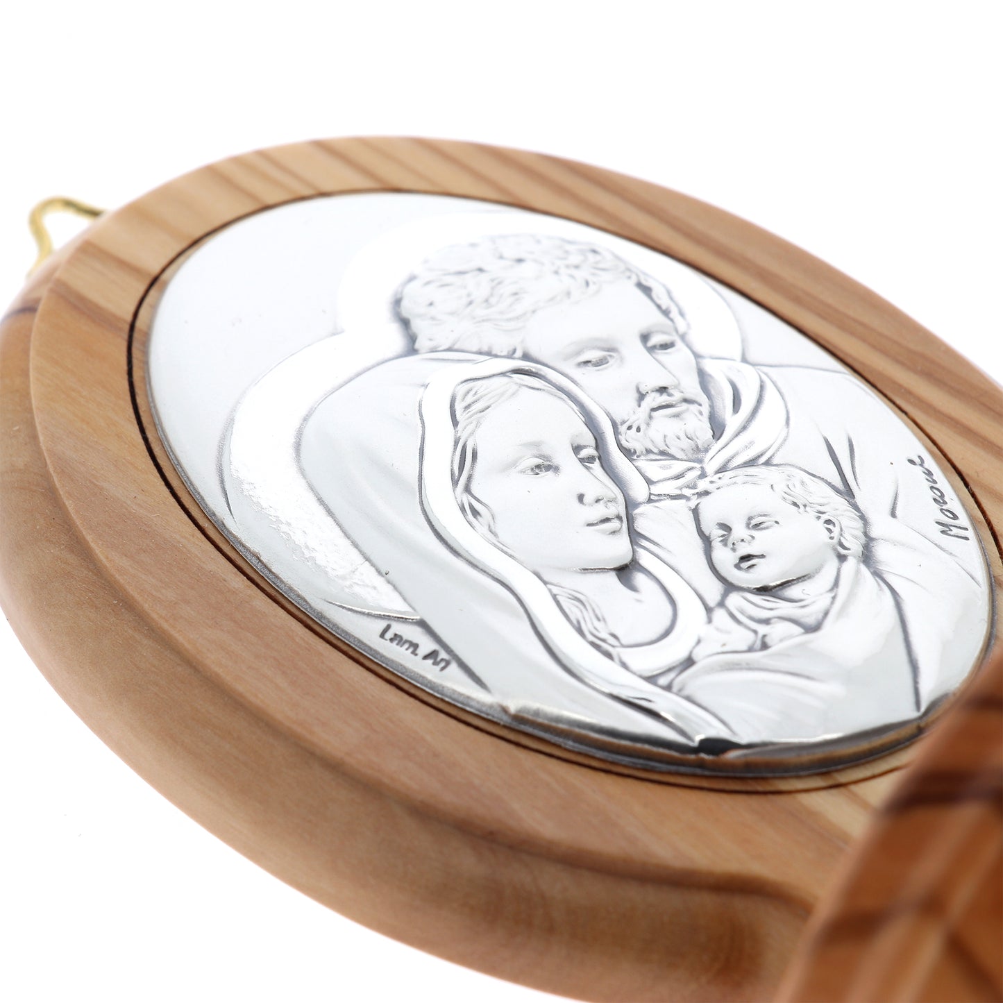 Acquasantiera in legno d'ulivo Sacra Famiglia. Altezza 15,5 cm