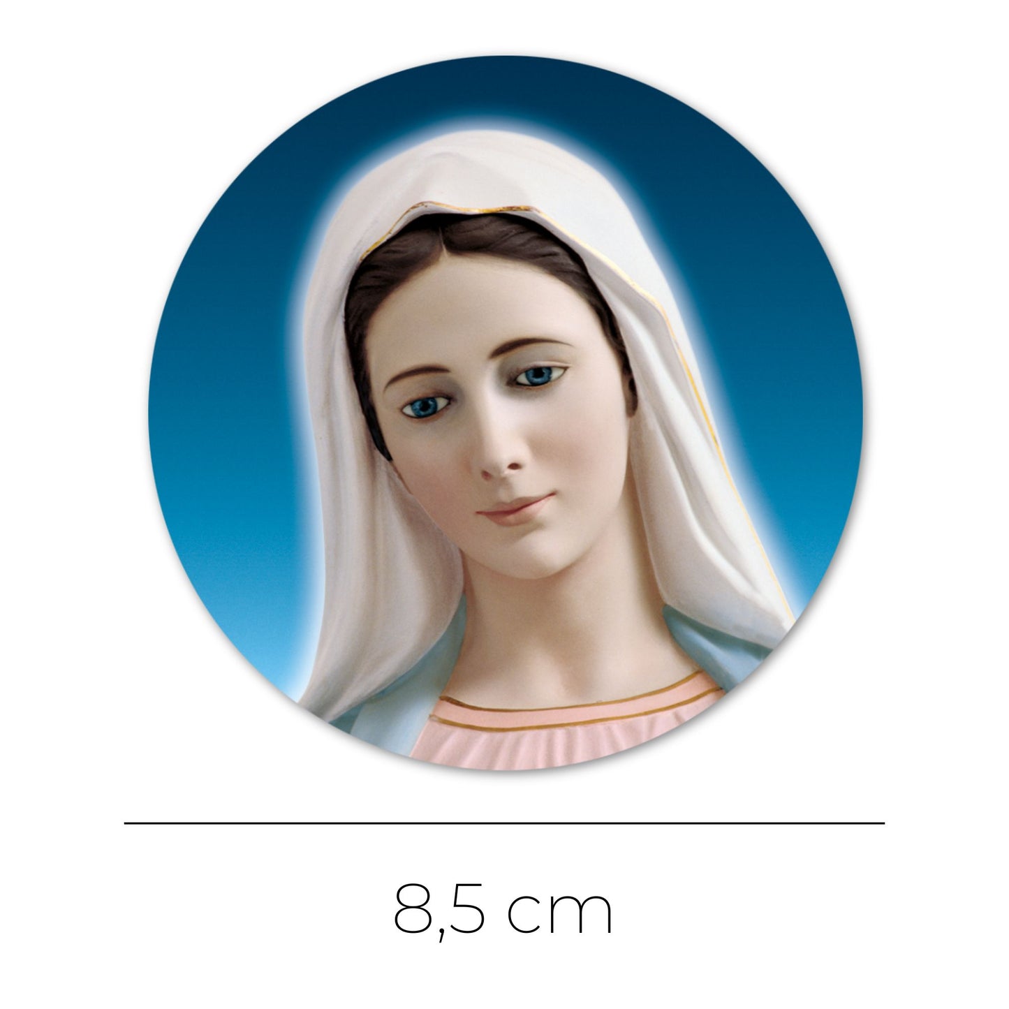 Adesivo beata Vergine Maria frontale. Diametro 8,5 cm