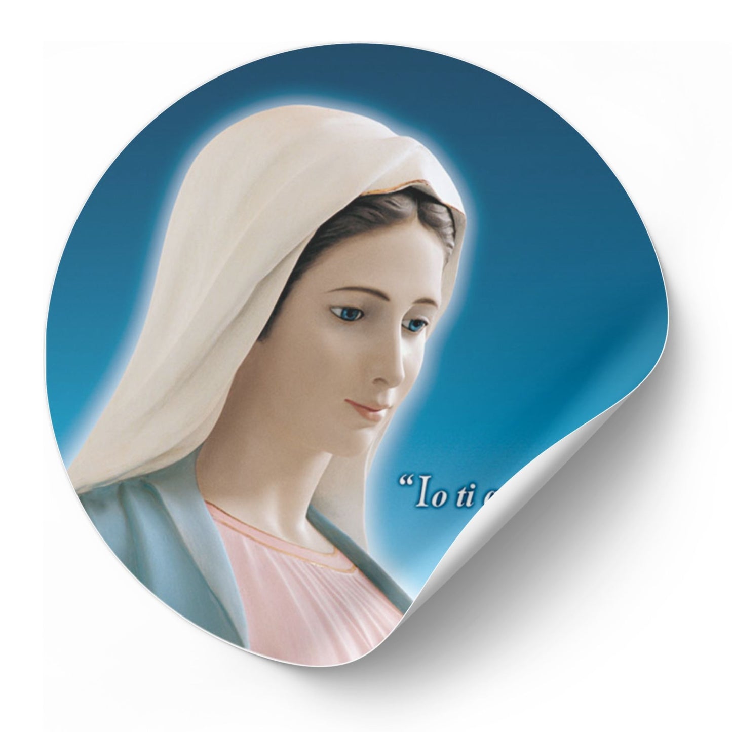 Adesivo Vergine Maria profilo con la scritta "Io ti amo". Diametro 8,5 cm