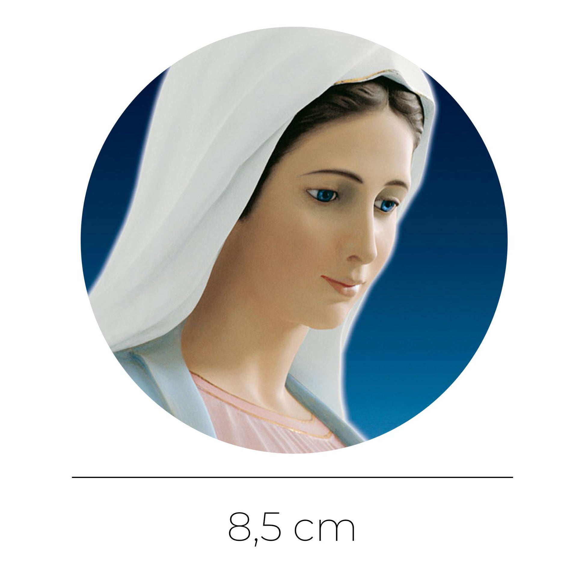 Adesivo beata Vergine Maria di profilo. Diametro 8,5 cm