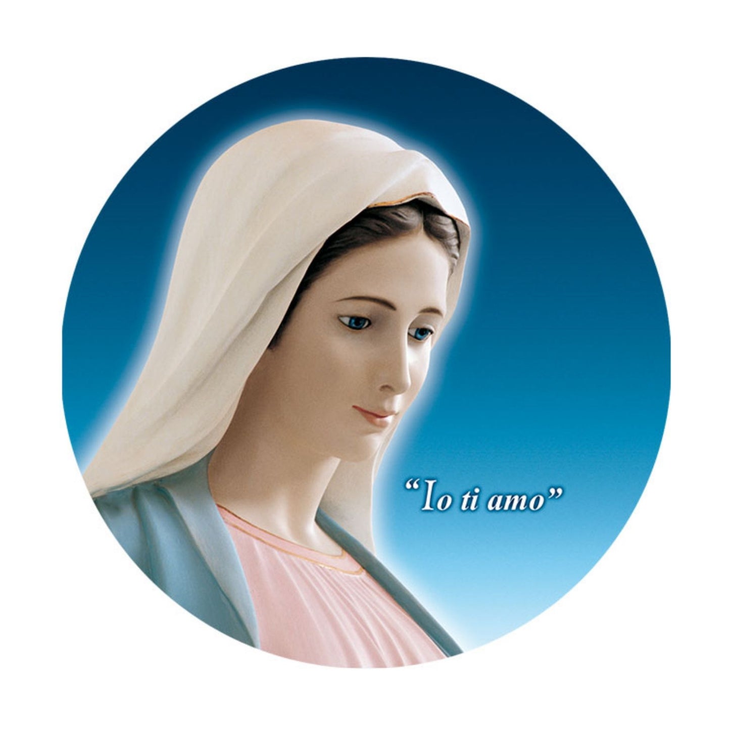 Adesivo Vergine Maria profilo con la scritta "Io ti amo". Diametro 8,5 cm