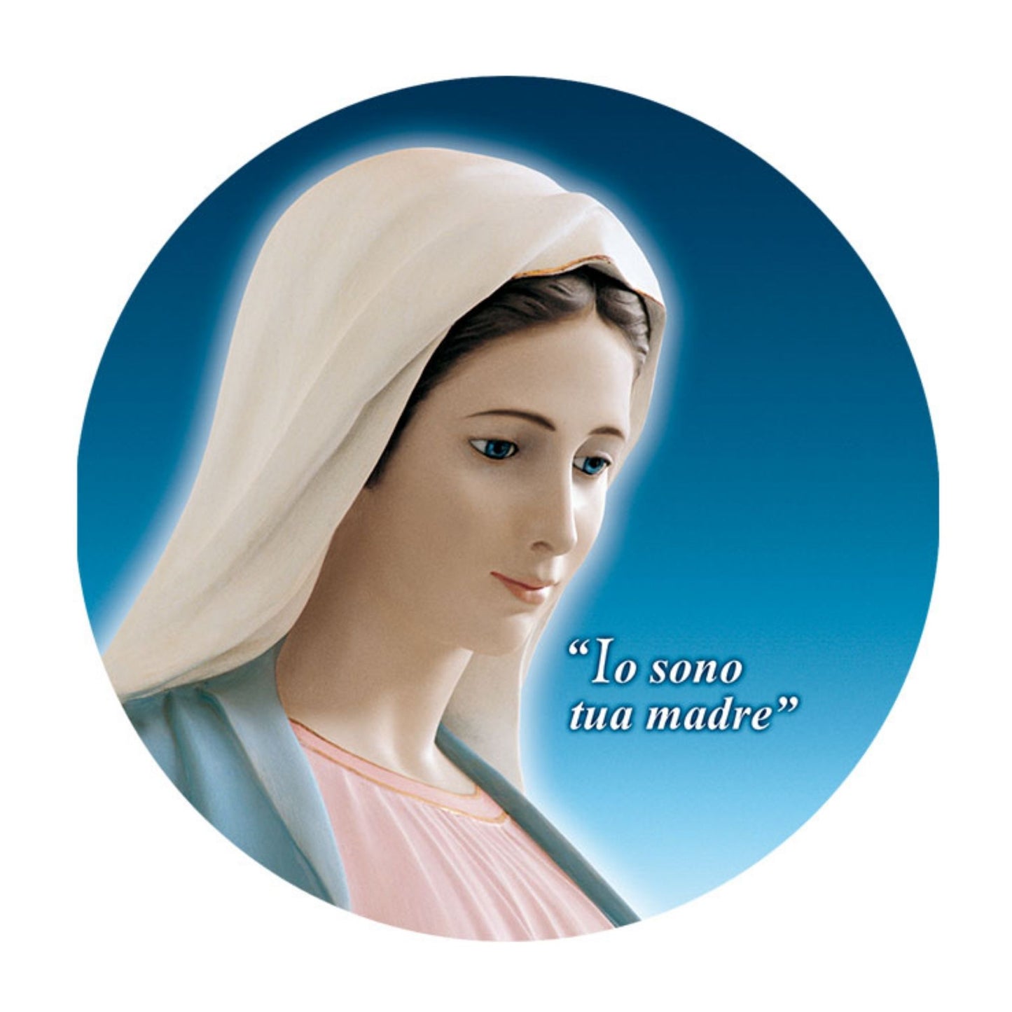 Adesivo Vergine Maria profilo con la scritta "Io sono tua madre". Diametro 8,5 cm