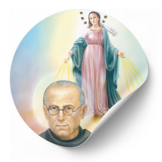Adesivo san Massimiliano Kolbe e Madonna Immacolata. Diametro 8,5 cm