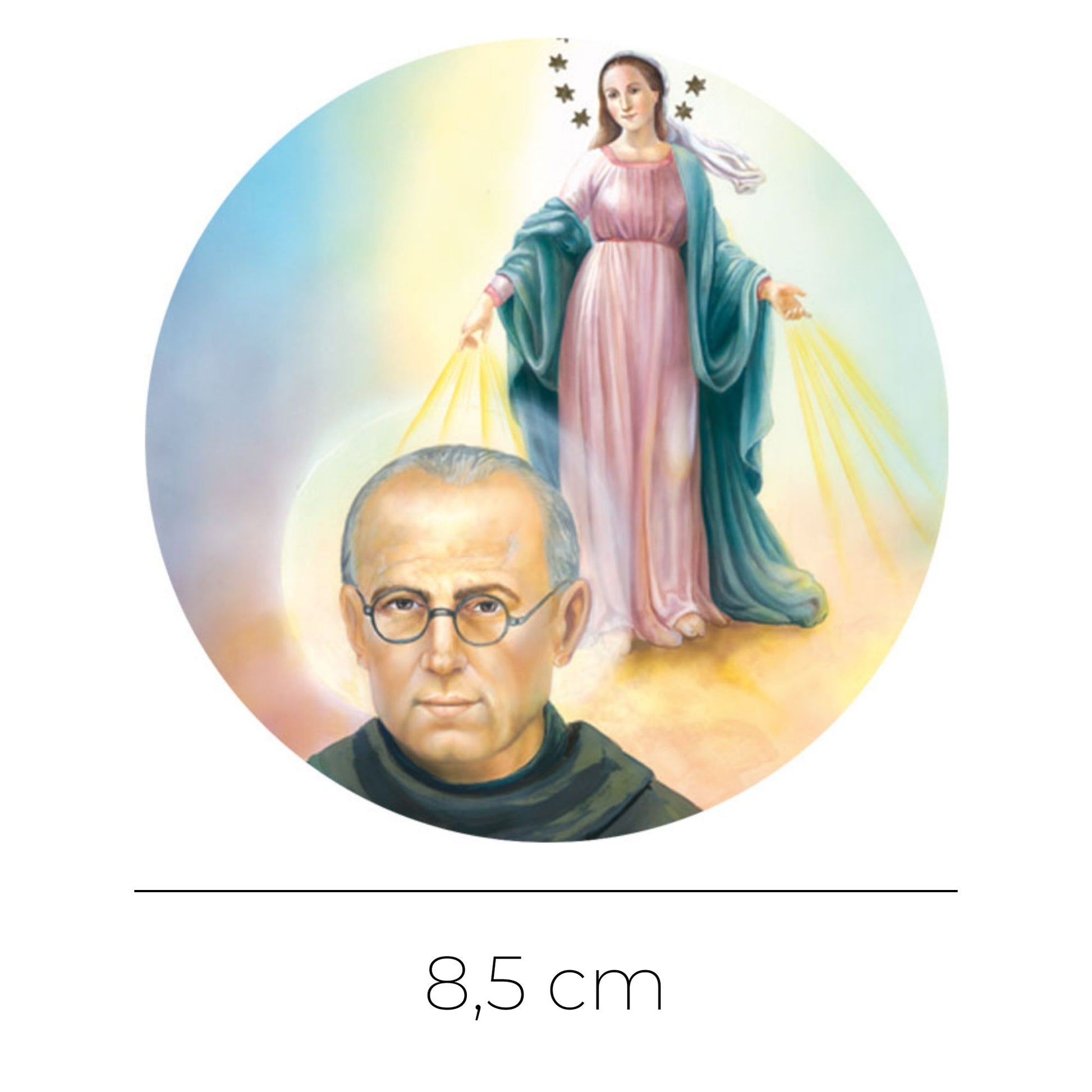 Adesivo san Massimiliano Kolbe e Madonna Immacolata. Diametro 8,5 cm