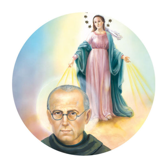 Adesivo san Massimiliano Kolbe e Madonna Immacolata. Diametro 8,5 cm