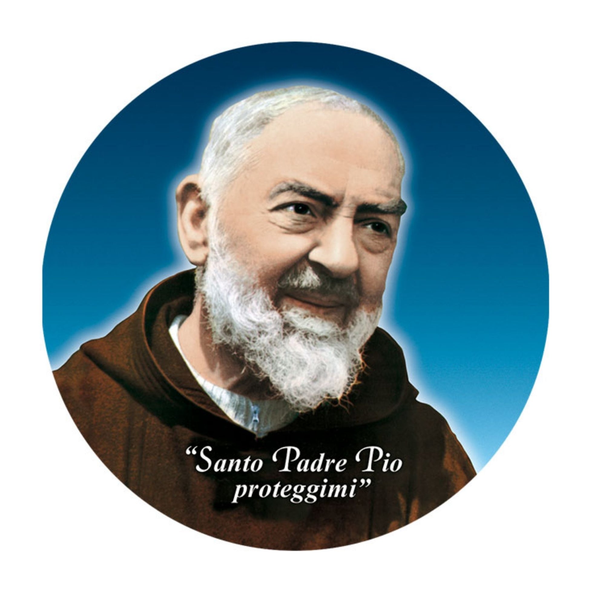 Adesivo san Pio da Pietrelcina con la scritta "Santo padre Pio proteggimi"