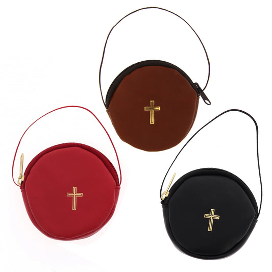 Astuccio portateca in pelle, rotondo con cordoncino. Diametro 8,5 cm