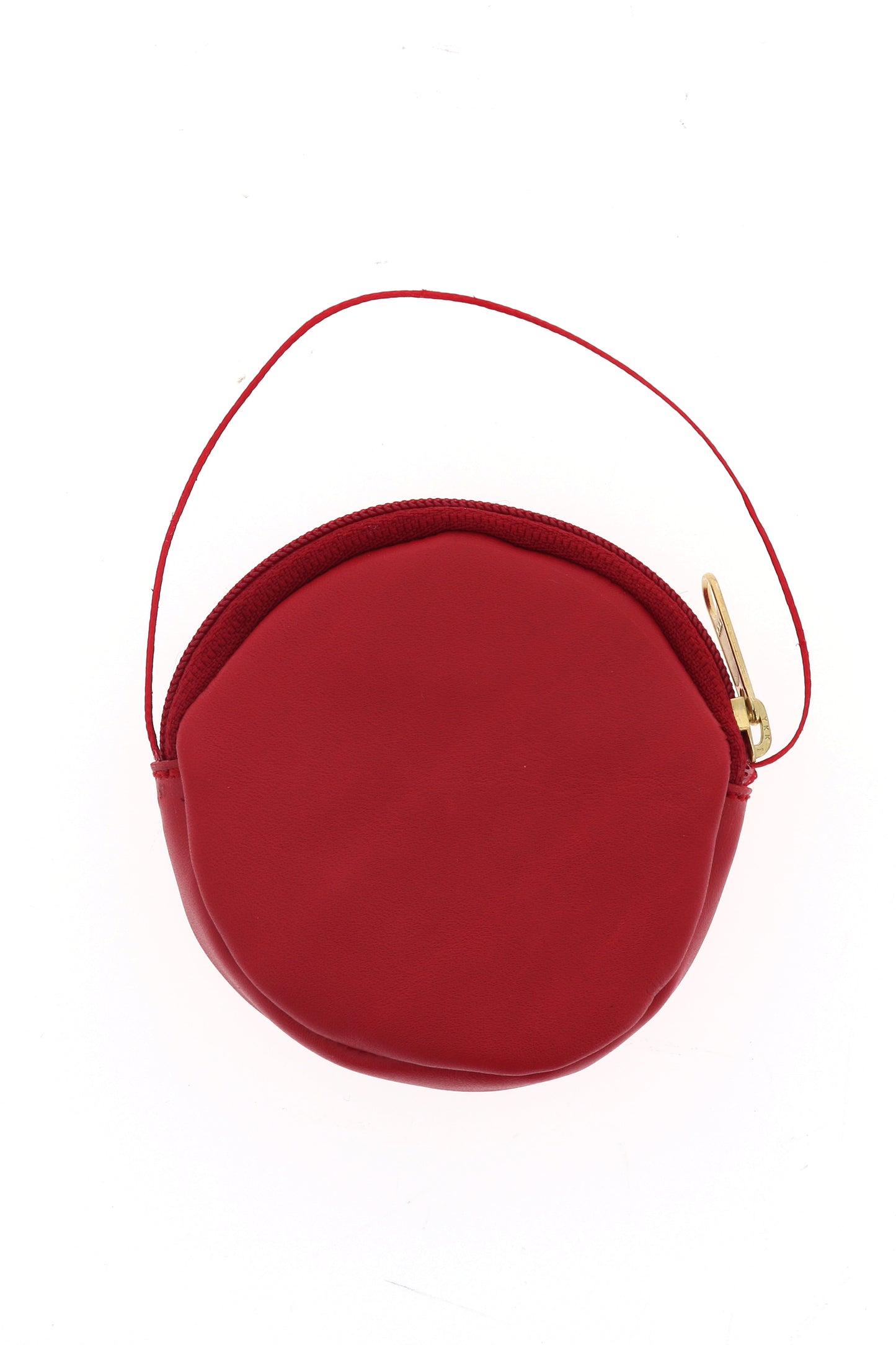 Astuccio portateca in pelle, rotondo con cordoncino. Diametro 8,5 cm