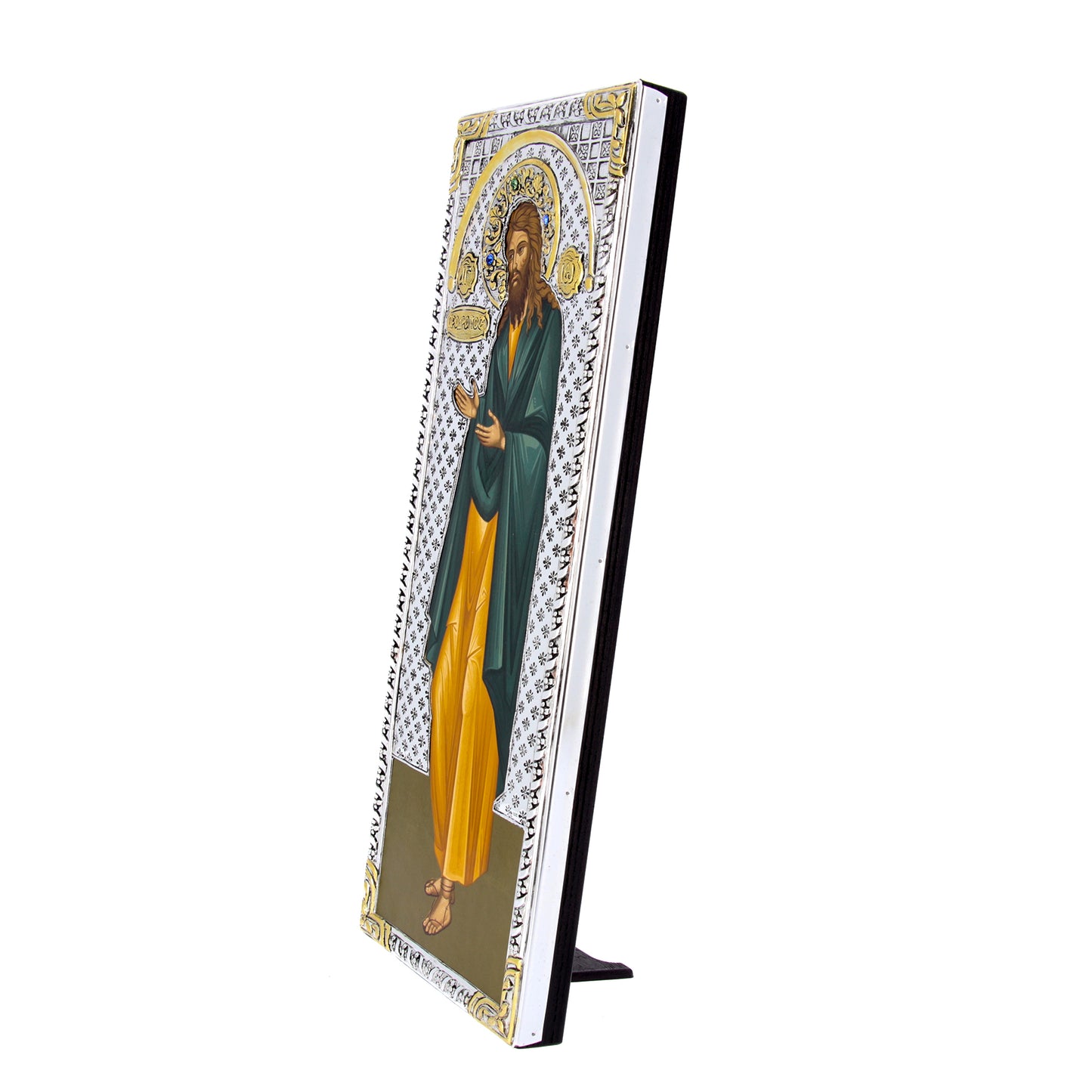 Icona in legno e argento 925 "San Giovanni Battista". Dimensioni 16x39 cm