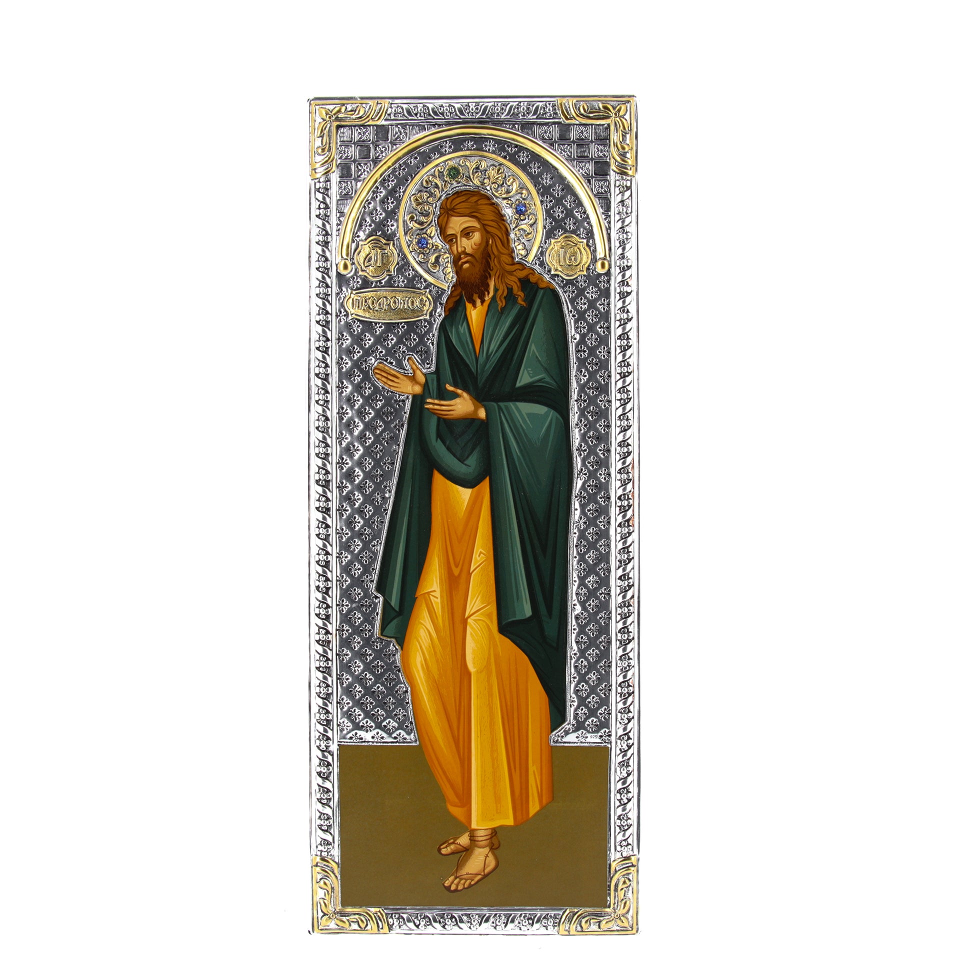 Icona in legno e argento 925 "San Giovanni Battista". Dimensioni 16x39 cm