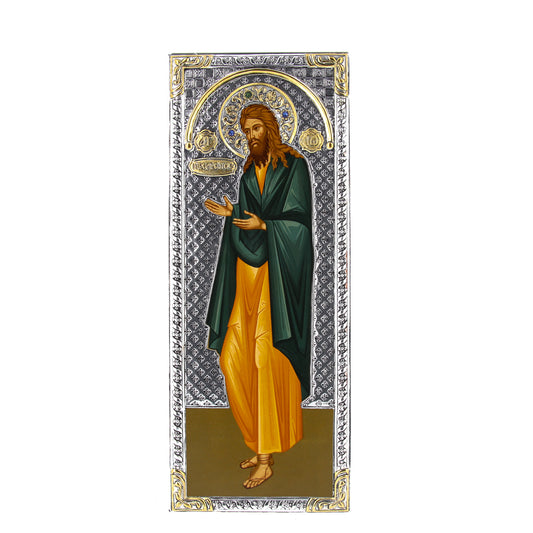 Icona in legno e argento 925 "San Giovanni Battista". Dimensioni 16x39 cm