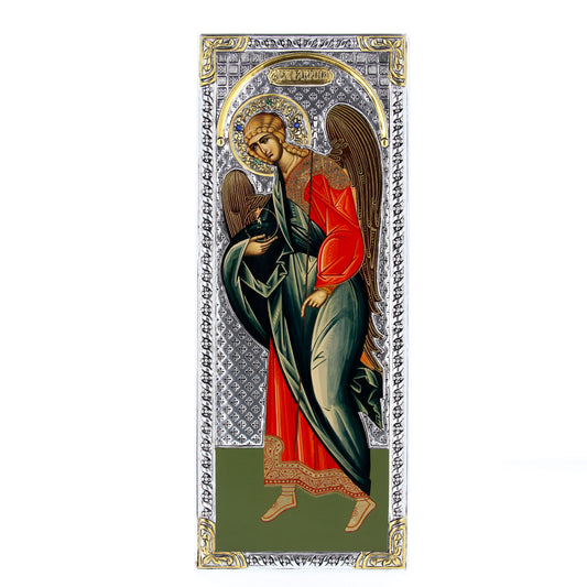 Icona in legno e argento 925 "Arcangelo Gabriele". Dimensioni 16x39 cm