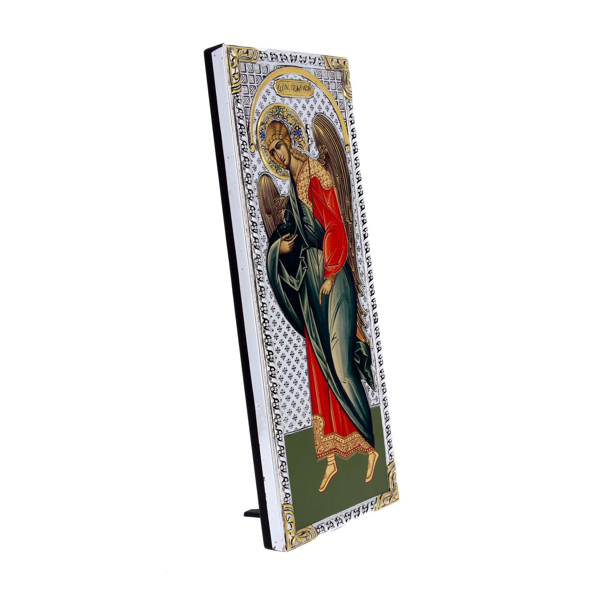 Icona in legno e argento 925 "Arcangelo Gabriele". Dimensioni 16x39 cm