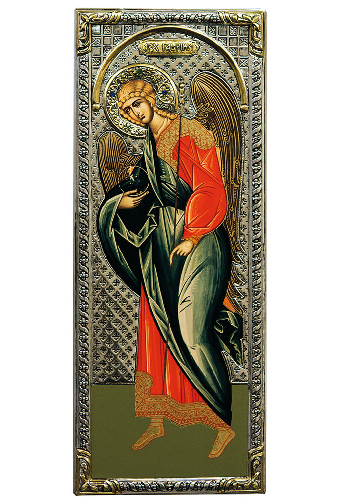 Icona in legno e argento 925 "Arcangelo Gabriele". Dimensioni 16x39 cm