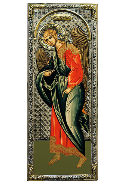Icona in legno e argento 925 "Arcangelo Gabriele". Dimensioni 16x39 cm
