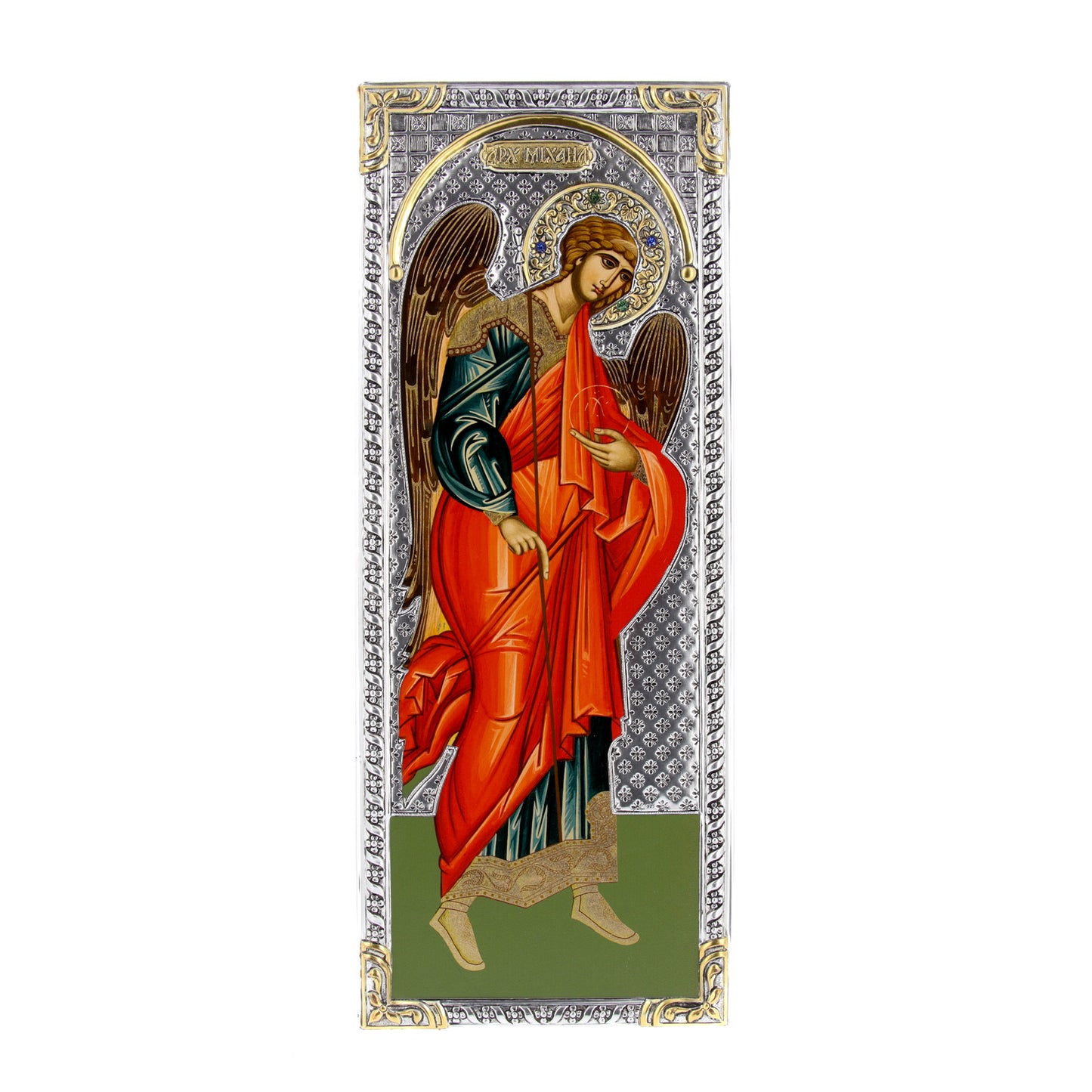 Icona in legno e argento 925 "Arcangelo Michele". Dimensioni 16x39 cm
