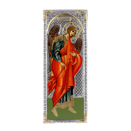 Icona in legno e argento 925 "Arcangelo Michele". Dimensioni 16x39 cm