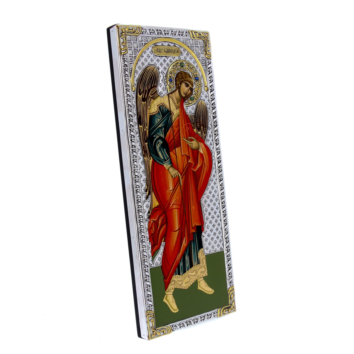 Icona in legno e argento 925 "Arcangelo Michele". Dimensioni 16x39 cm