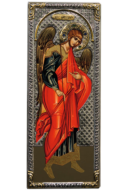 Icona in legno e argento 925 "Arcangelo Michele". Dimensioni 16x39 cm