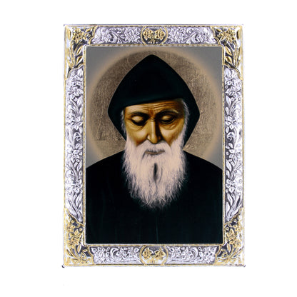Icona in legno e argento 925"San Charbel Makhluf". Dimensioni 19x26 cm