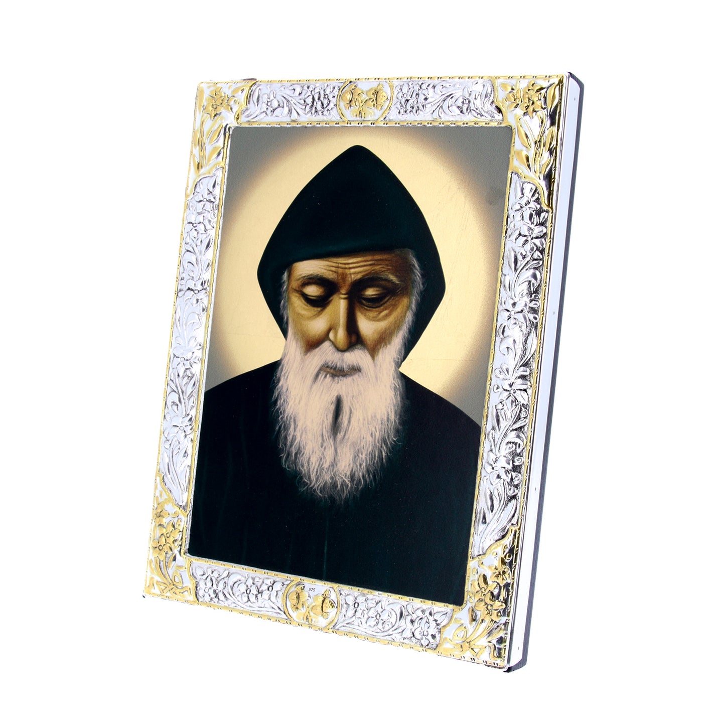 Icona in legno e argento 925"San Charbel Makhluf". Dimensioni 19x26 cm
