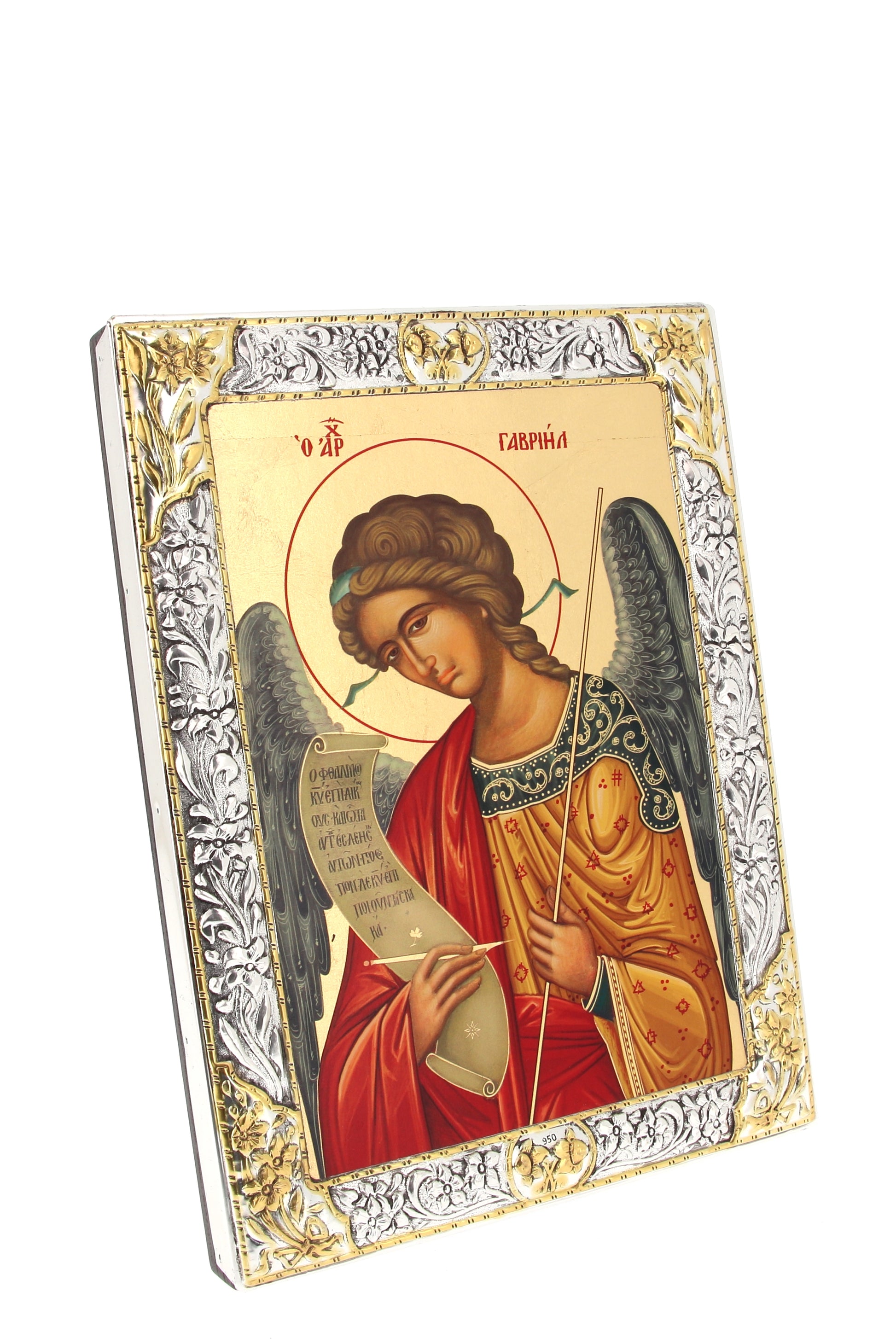 Icona in legno e argento 925 "Arcangelo Gabriele". Dimensioni 19x26 cm