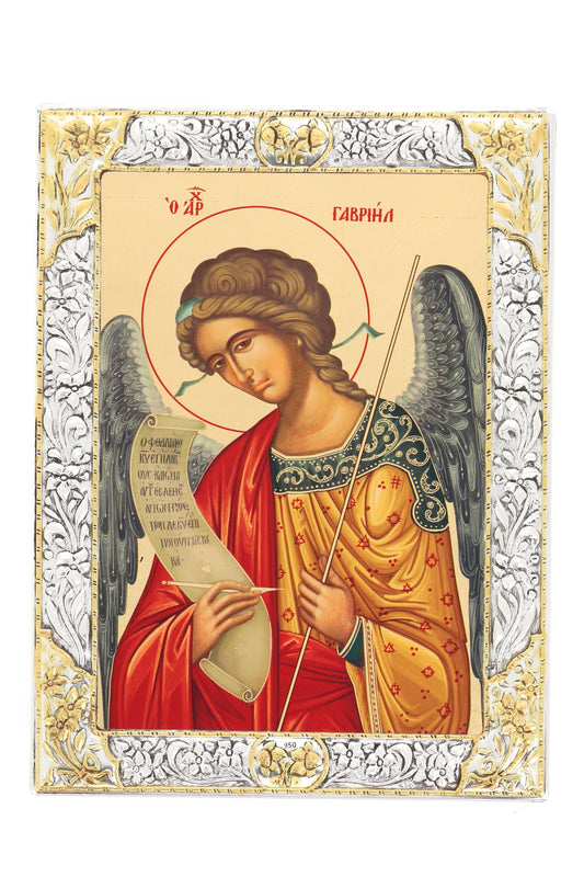 Icona in legno e argento 925 "Arcangelo Gabriele". Dimensioni 19x26 cm