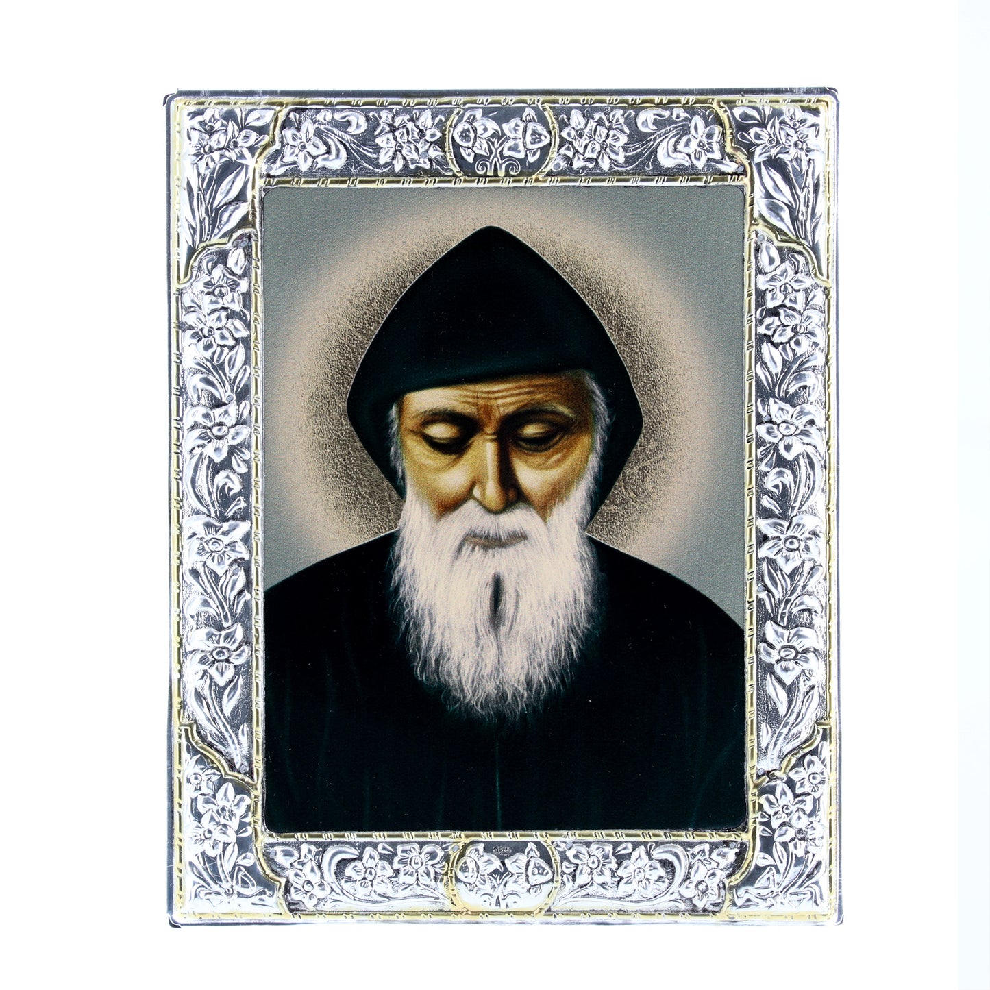 Icona in legno e argento 925 "San Charbel Makhluf". Dimensioni 12x15 cm