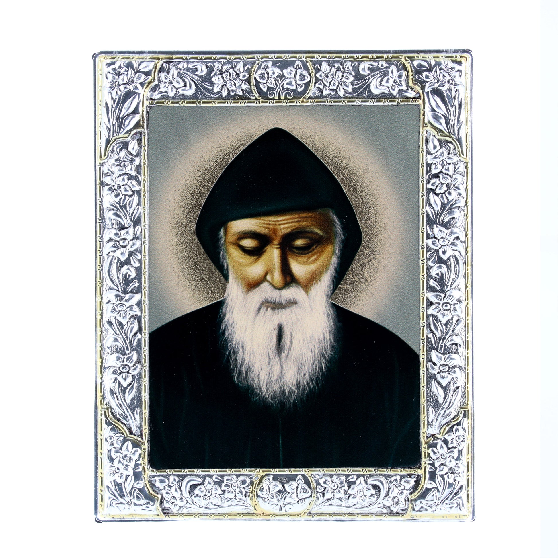 Icona in legno e argento 925 "San Charbel Makhluf". Dimensioni 12x15 cm
