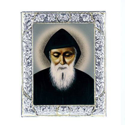 Icona in legno e argento 925 "San Charbel Makhluf". Dimensioni 12x15 cm
