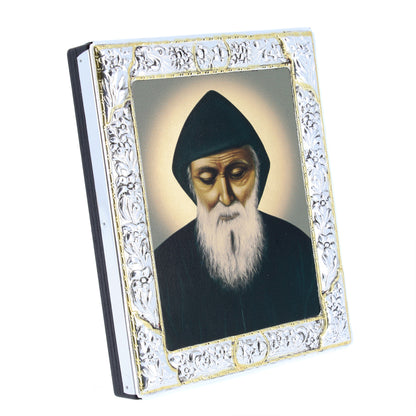 Icona in legno e argento 925 "San Charbel Makhluf". Dimensioni 12x15 cm