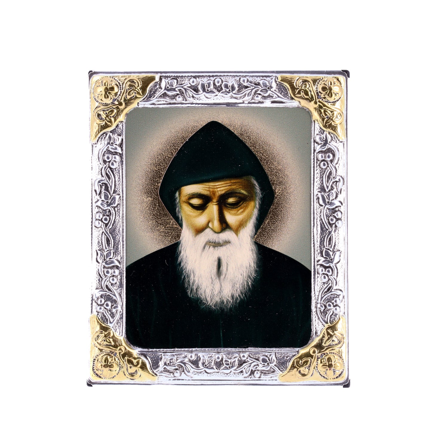 Icona in legno e argento 925 "San Charbel Makhluf". Dimensioni 9x11 cm