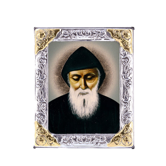 Icona in legno e argento 925 "San Charbel Makhluf". Dimensioni 9x11 cm